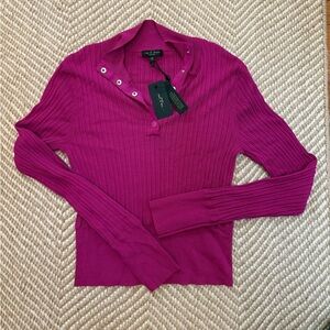 rag & bone Esme Ribbed Knit Top Pink Snap Henley, NWT, Size L